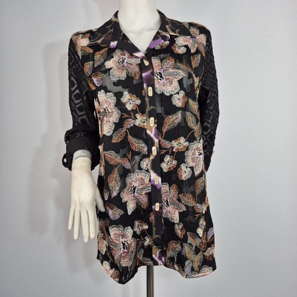 John Mark Women's Blouse Size M Embroidered Floral Black Tunic Top Shirt (29)